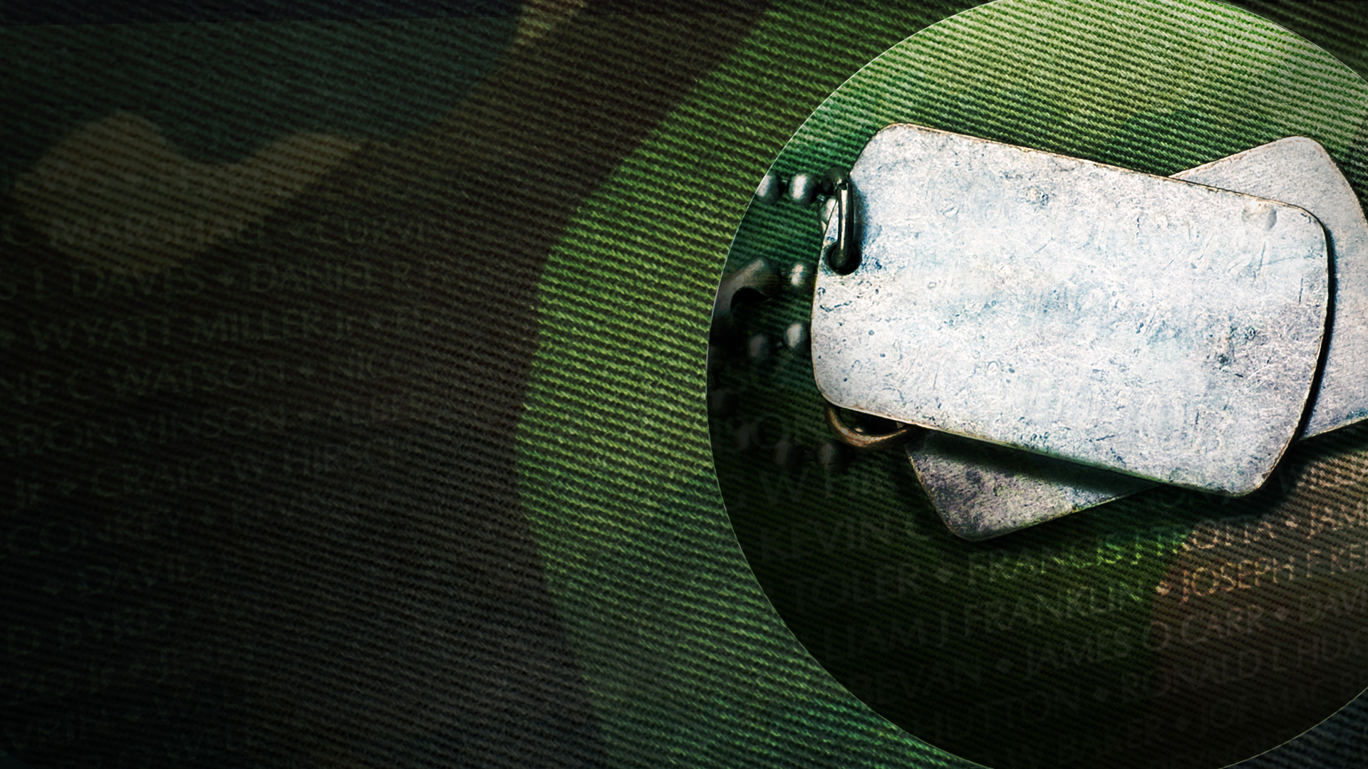 2 military dog tags in front of the bakground image of the Vietnam Wall and a heart made out of the American flag.