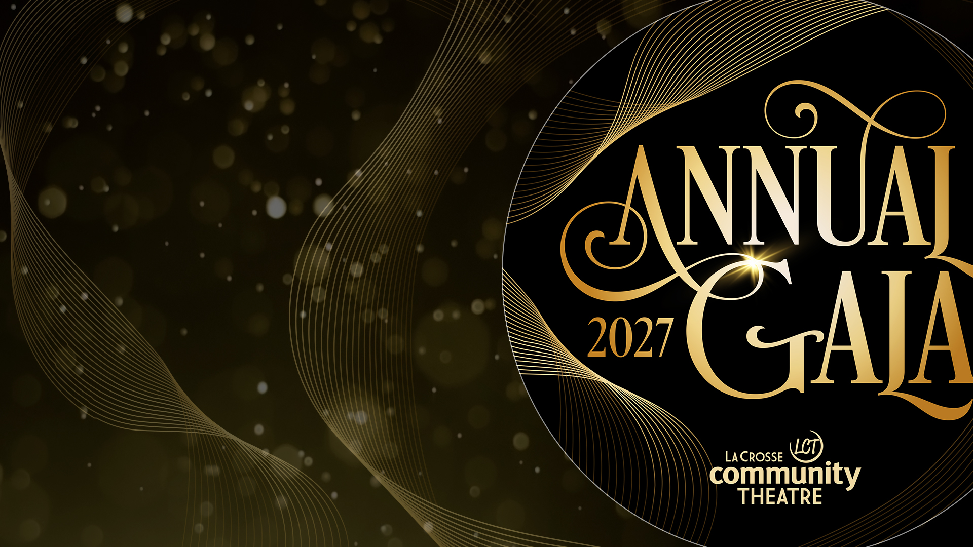 Gold cursive script over a gold ribbon with a black background.
