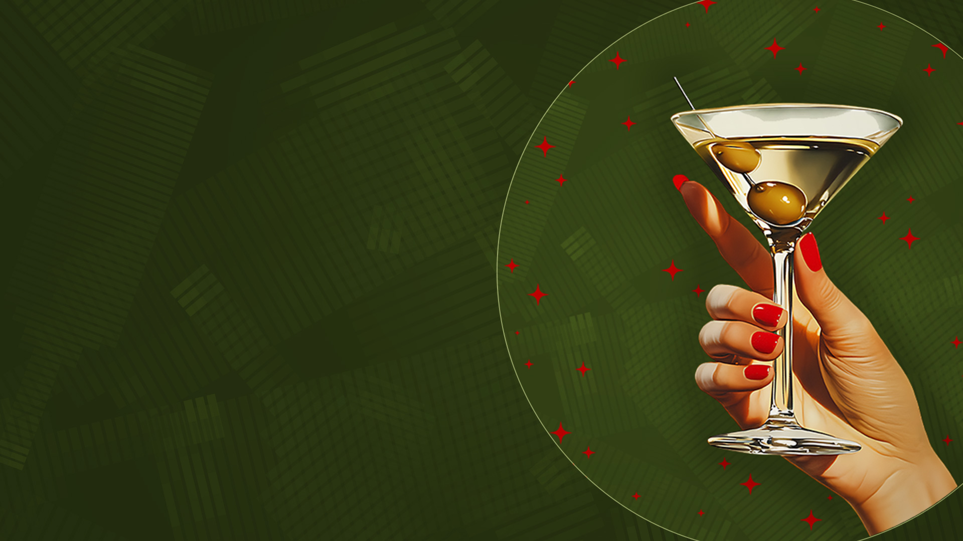 A hand with painted nails holds a cocktail glass containing a dirty martini with 2 olives on a toothpick.